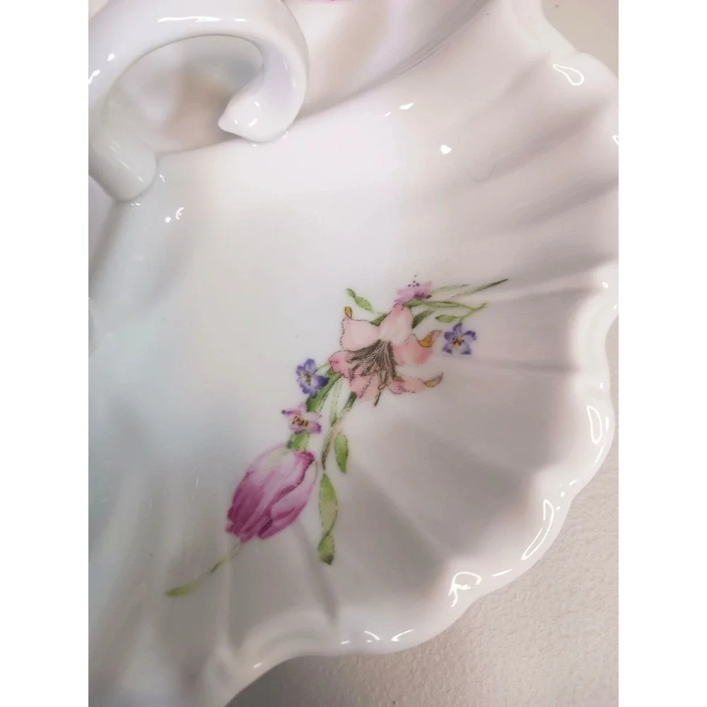 Vintage Porcelain Candy Dish Floral Ring Handle Trinket Vanity Bowl Shabby Chic